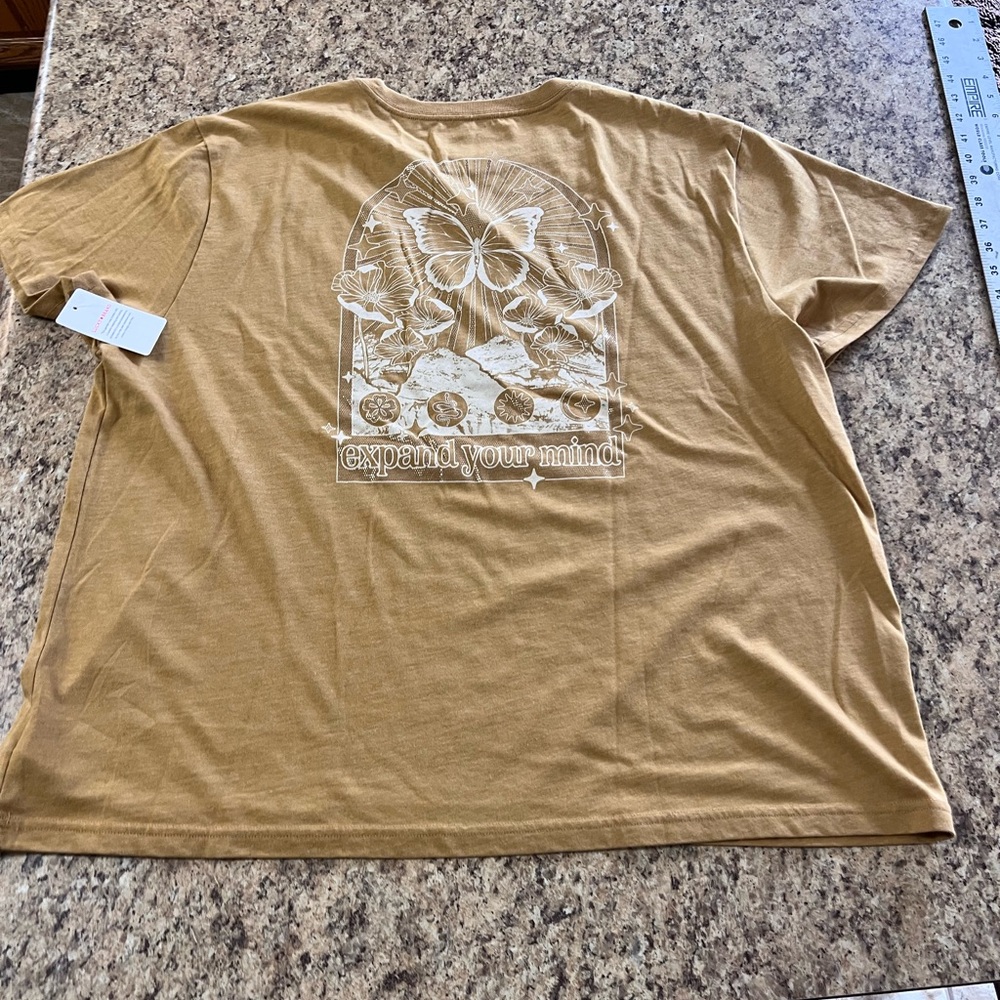 NWT Lucky Brand Gold Tan butterfly nature floral SOFT Tee shirt XL